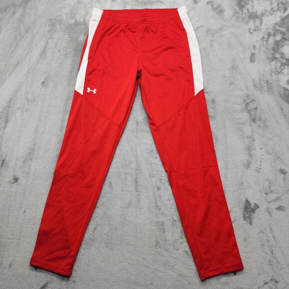 NEW Under Armour Pants Womens S Red White UA Knit Warm Up Team Zip Ankle Gym - Picture 1 of 16